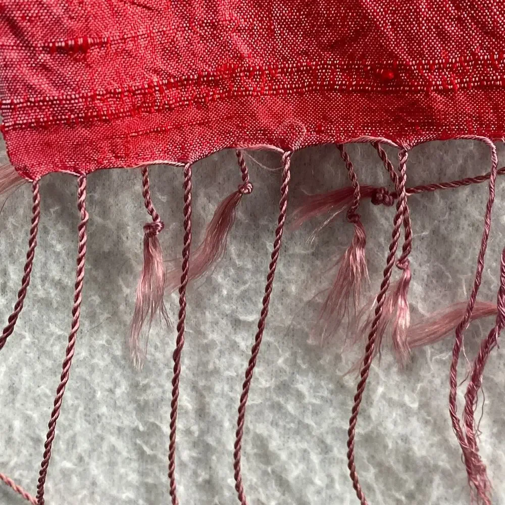 Raw Silk Scarf Textured Weave Tie Dye Fringed Ikat Rectangular Wrap Shawl Red